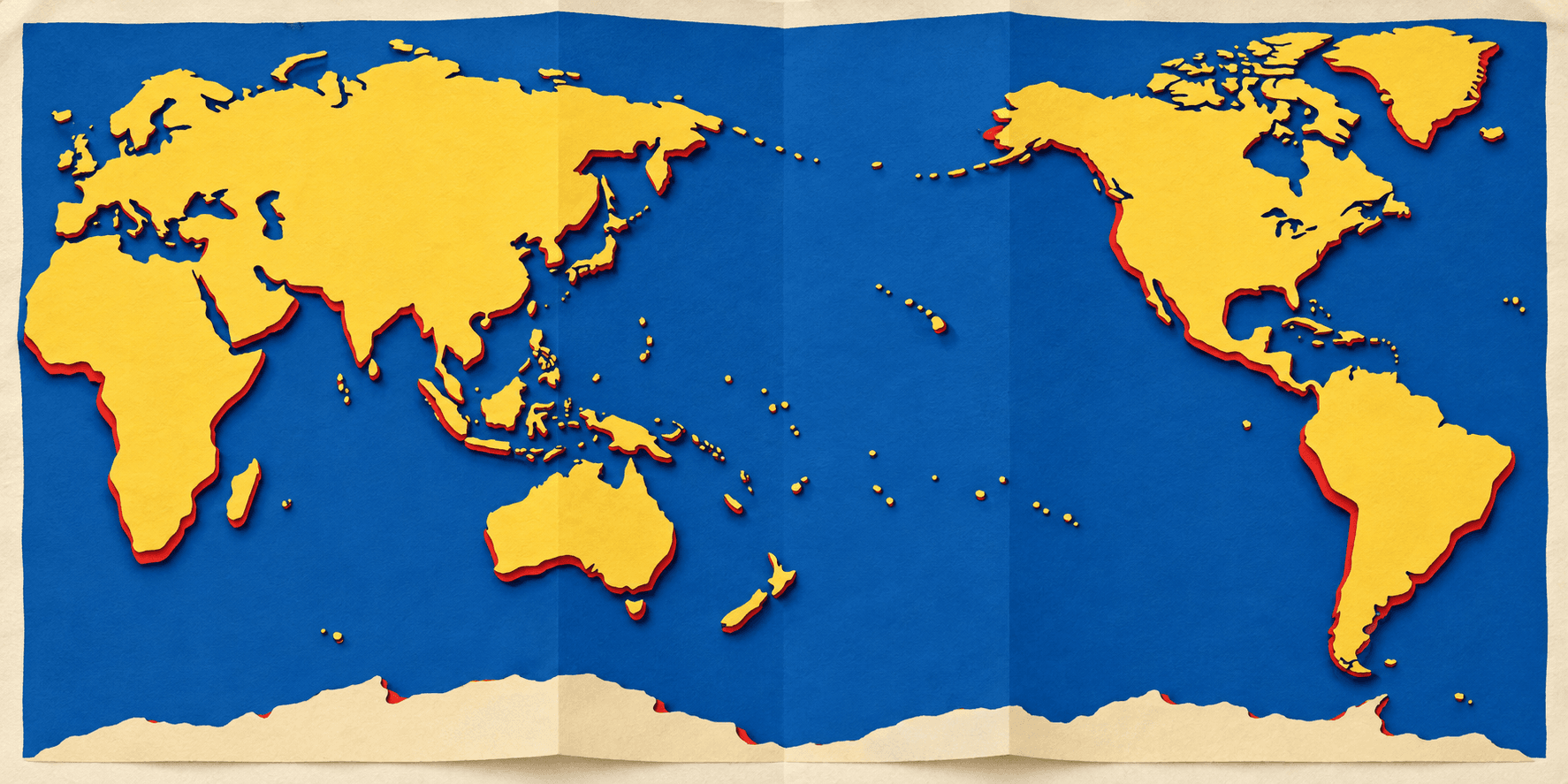 A paper world map that opens to show our trips